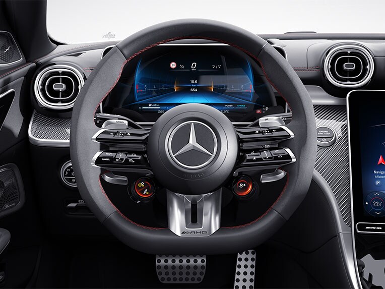 El volante AMG Performance en cuero napa/microfibra MICROCUT de Clase C Sedán de Mercedes-AMG.