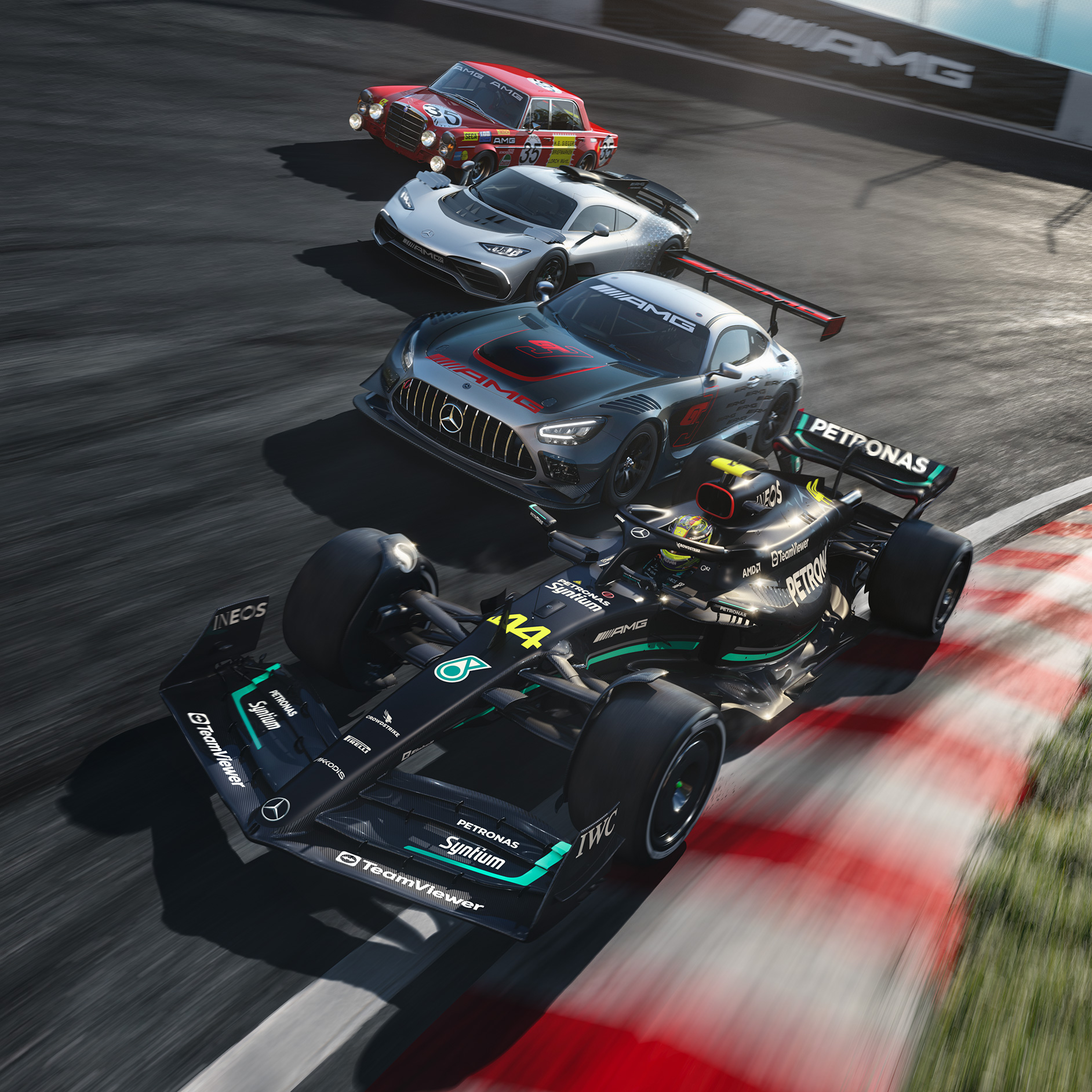 Dinamismo de conducción | Lo que nos impulsa | Mercedes-AMG Varios coches deportivos Mercedes-AMG en un circuito de carreras.